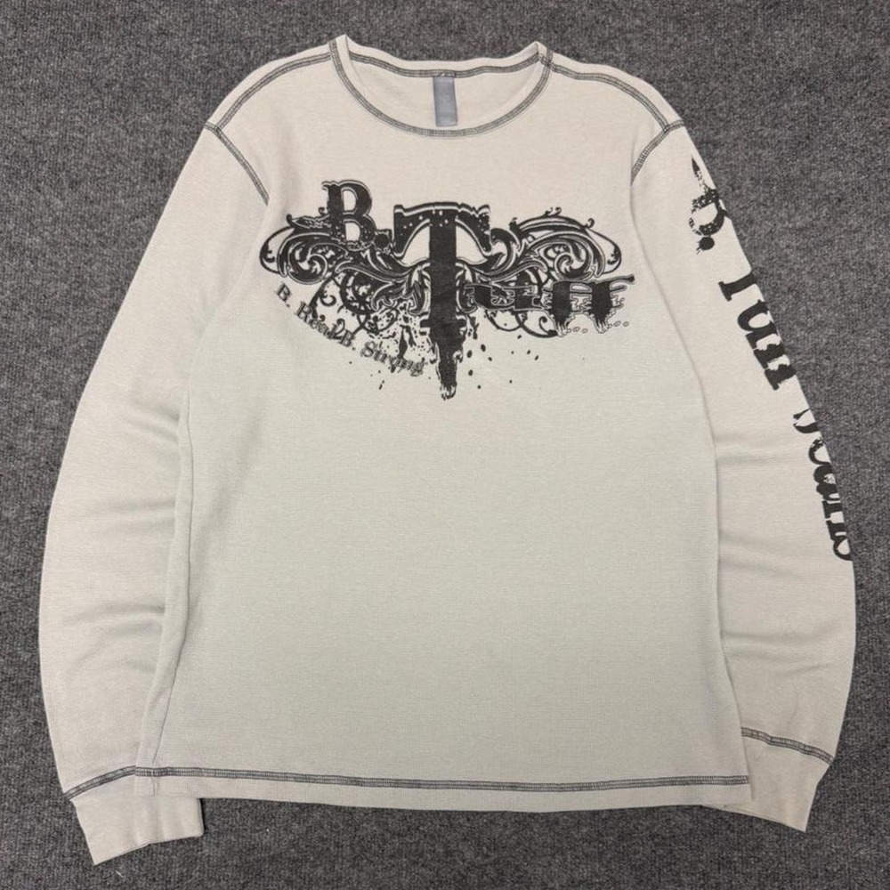 B Tuff Jeans Mens Y2K Affliction Style Graphic Long Sleeve Waffle Thermal Shirt
